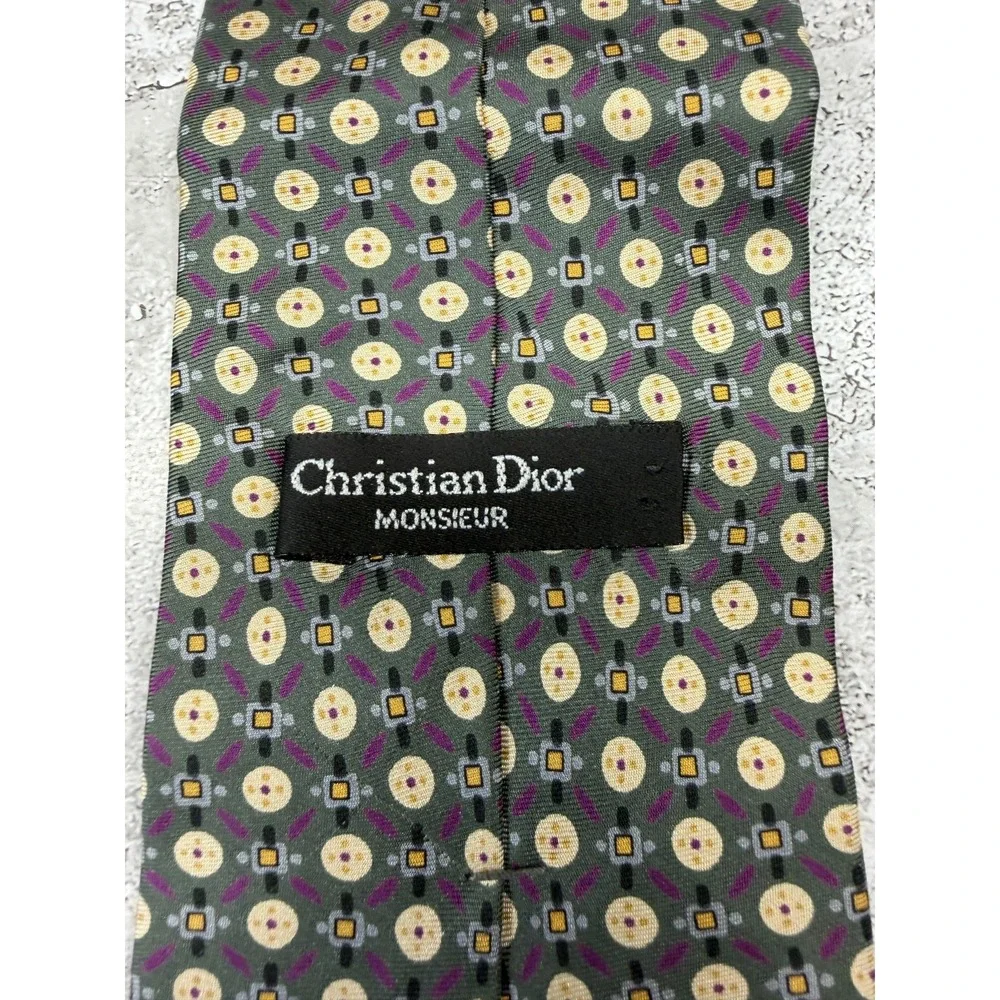 Christian Dior Tie Mens One Size Green Geometric 100% Silk Designer‎ Woven